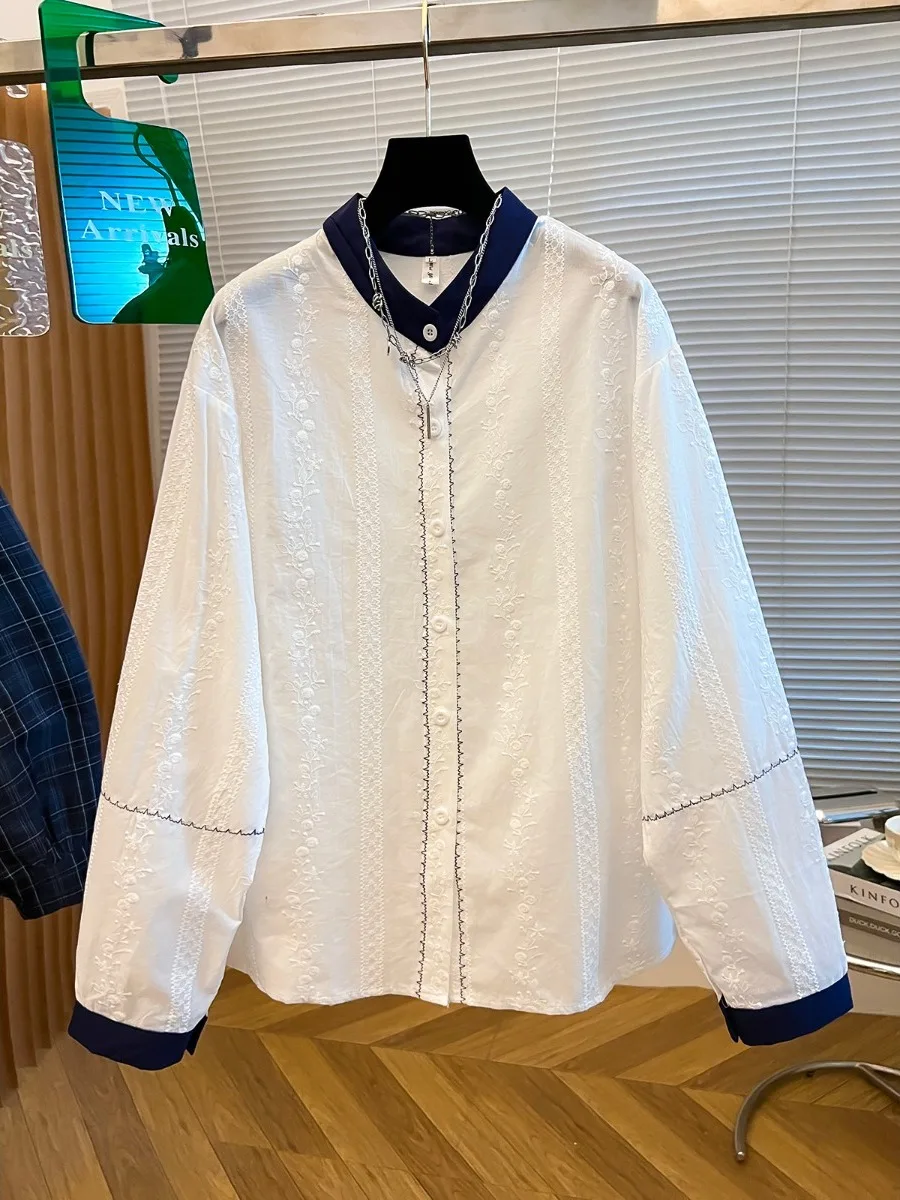 

Белый круглый вышитый топ Ne Long Sve Cotton irt Женский свободный повседневный дышащий топ из чистого хлопка Ранняя осень Высококачественная плата...