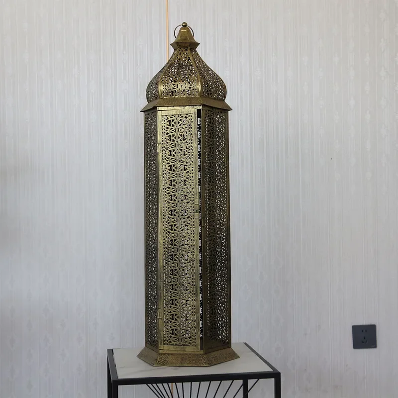 Vintage Hollow Copper Plated Wrought Iron Lantern for Home Bedroom Living Room Hotel Decor Ambient Gas Style Lighting Fixture
