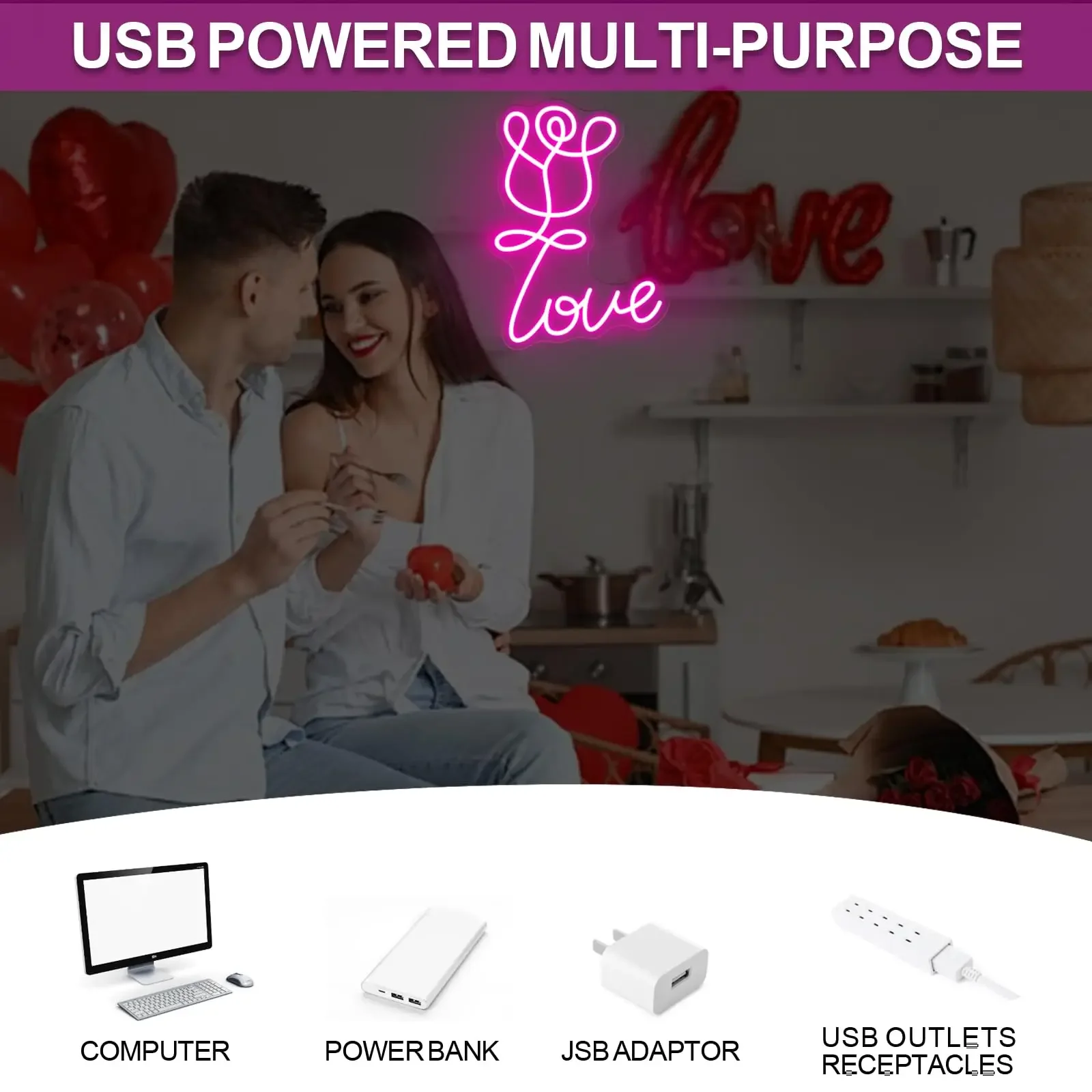 Love Neon Sign, Rose Flower LED Light，For Lovers Gift Photography Background Engagement Party Gift Nightlight Love and Rose
