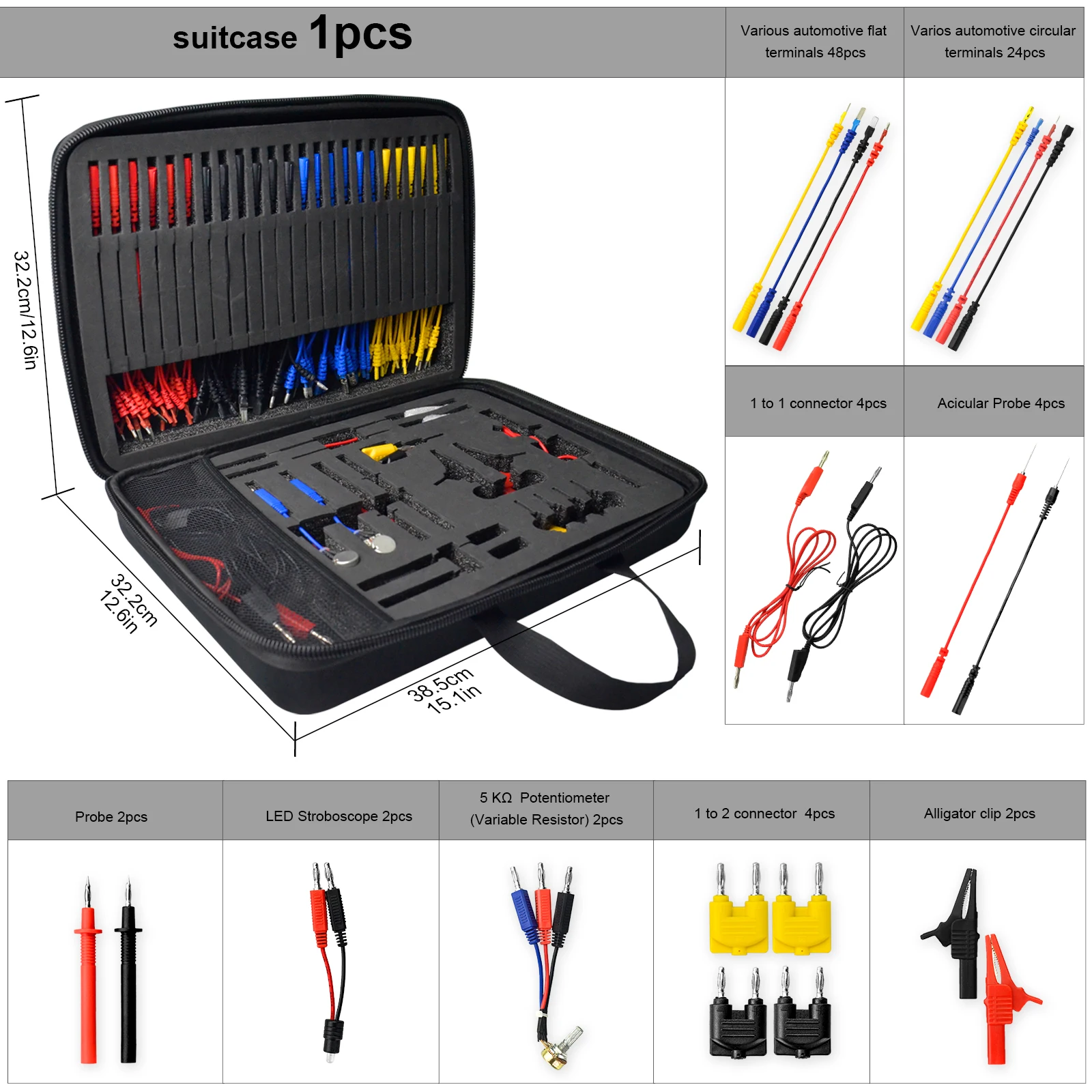 HoldPeak Automotive Test Lead Kit 72 Terminals 5K Potentiometer SRS Airbag Simulator LED Signal Test for EU US JP ECU Repair