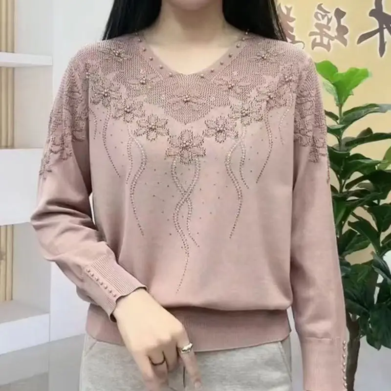 Women Stylish Rhinestone Beaded Hollow Knitted Sweater Elegant V Neck Long Sleeve Loose Pullover Tops Casual Solid Basic Jumpers