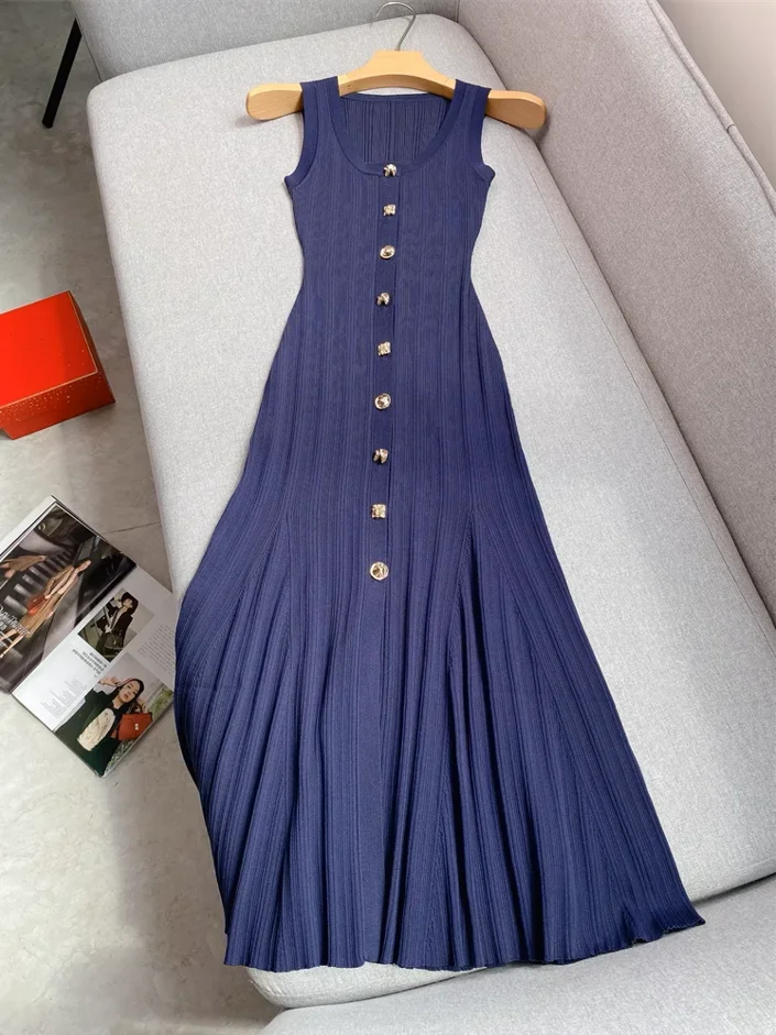 Navy blue sleeveless long Knitted Dress Women New 2024 Summer Slim Dresses