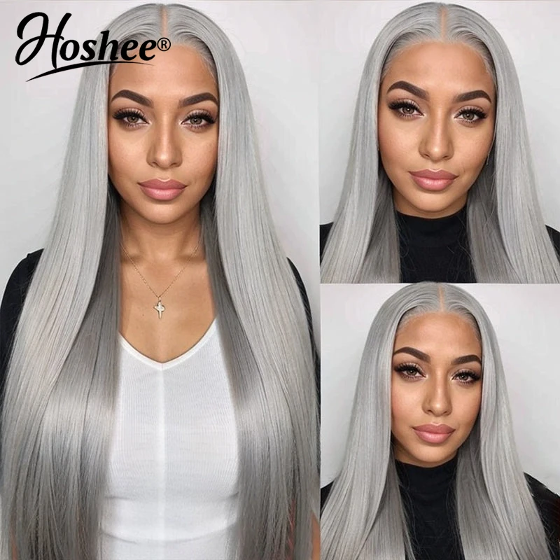 

Silver Grey 13X4 Frontal Wigs Remy Bone Straight Lace Front T Part Human Hair Wig for Women Pre Plucked Transparent 150% Density