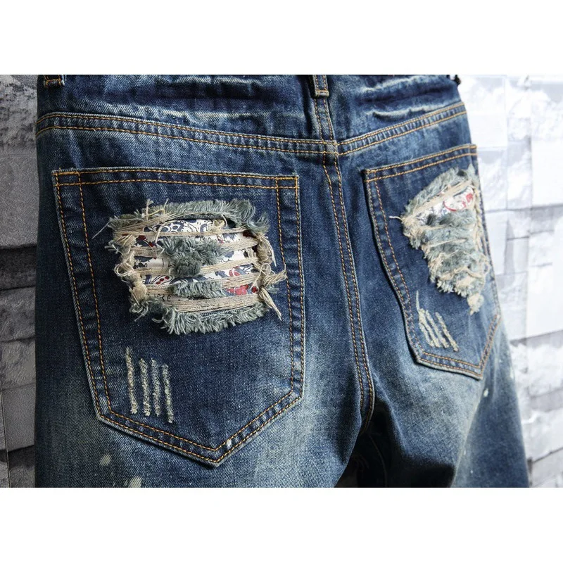 2024 High Street Fashionable Ripped Denim Shorts Men's Summer Street Cool Retro Nostalgic Motorcycle Shorts