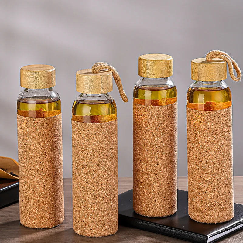 Convenient Glass Water Bottle Brown Bark Cup Cover Transparent Glass Water Bottle Leak Proof Lid Reusable Sports WaterBottle Gym