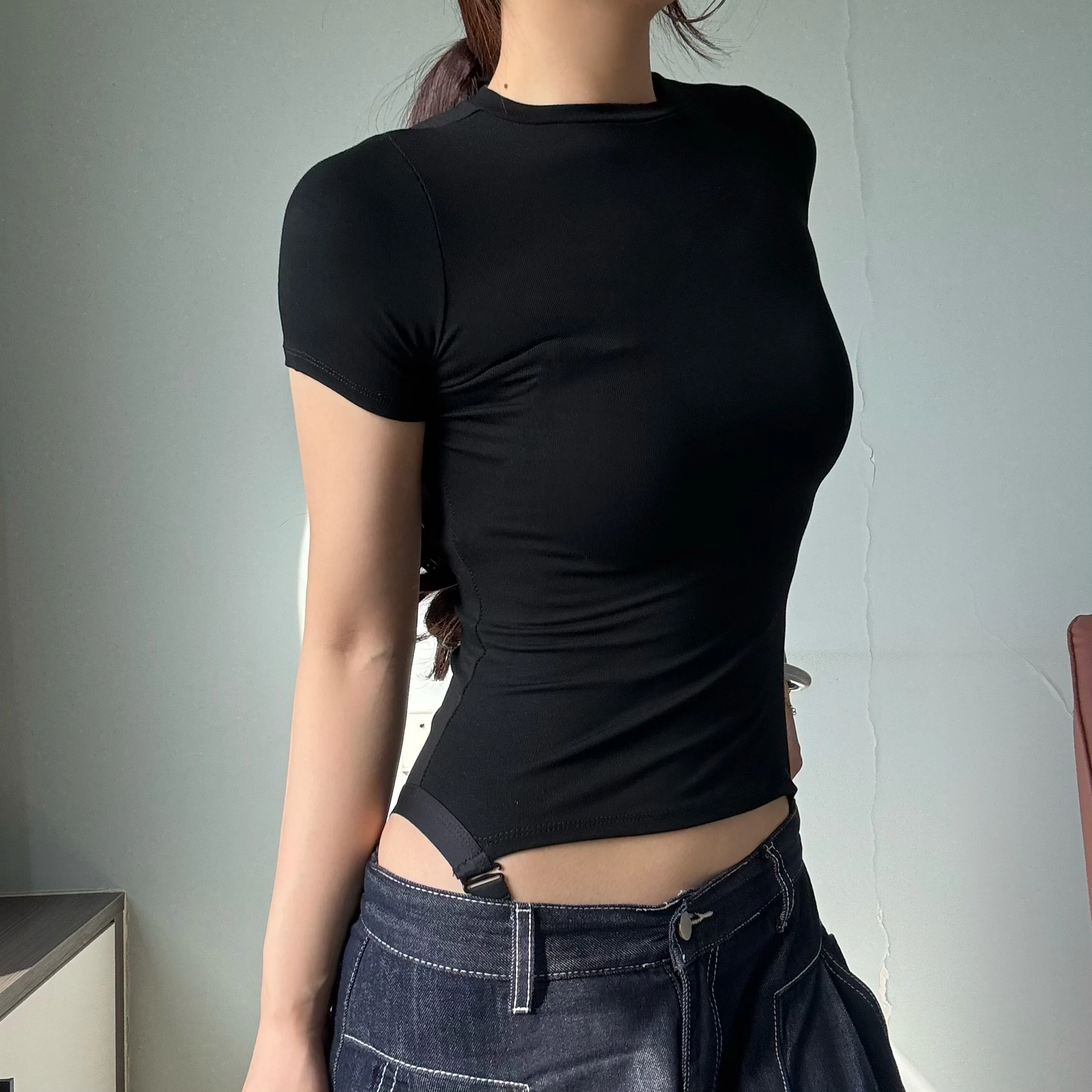 Women Short Sleeve O-neck Tshirts Basic Summer Elastic Slim Skinny Tops Short Tees