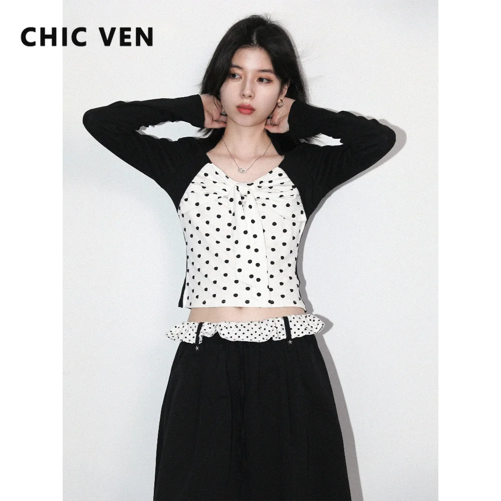 CHIC VEN Korean Women T-Shirts Retro Contrast Polka Dot Printed Bow Fake Two Piece Pullovers Fashion Lady Clothes Autumn 2026