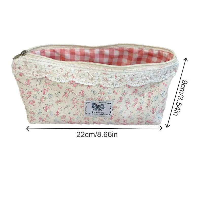 Bolsa de lápices Floral rosa con adorno de encaje, organizador de papelería para niñas, bolsa para bolígrafos de gran capacidad, suministros escolares y de oficina