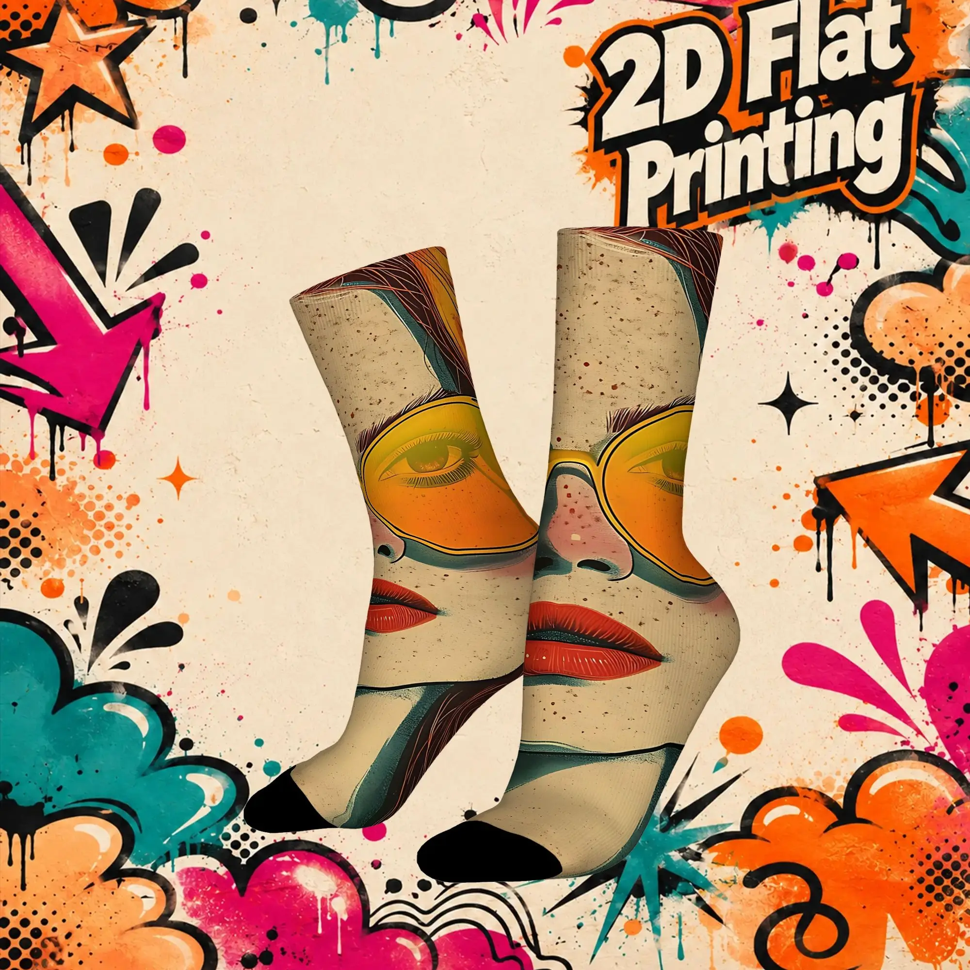 Fashion Retro Neon Bold Character Print Crazy Men's compression Socks Unisex  Funny Crew Sock