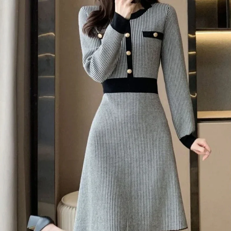 

A Line Knee Length Cover Up Midi Crochet Dresses For Women One-piece Woman Knitted Dress Clothes Long Sleeve Elegant And PrettyL