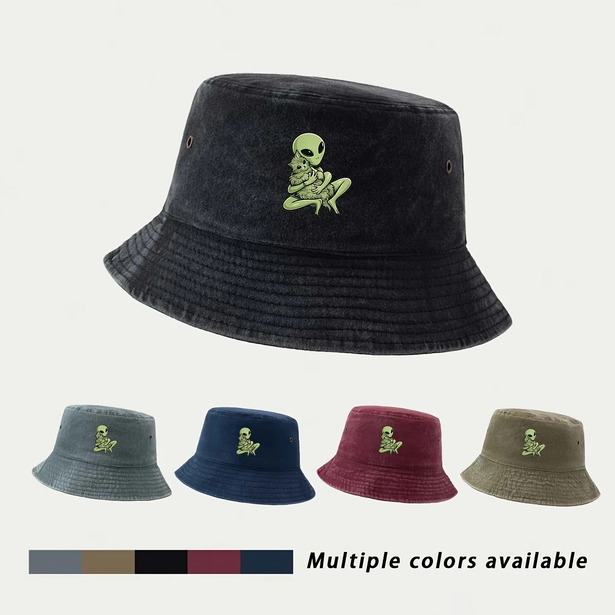 Alien Cat Cartoon Print Fisherman Hat, American Fresh Morandi Casual Style Fishing Cap, Easy Clean Comfortable Breathable Durabl