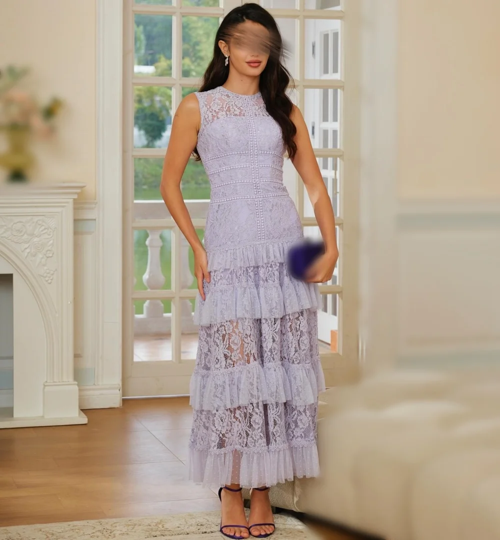 

Customized Elegant Classic Evening Dress Lace Tiered O-Neck A-line Midi Dresses Bespoke Occasion Homecoming Party Grace