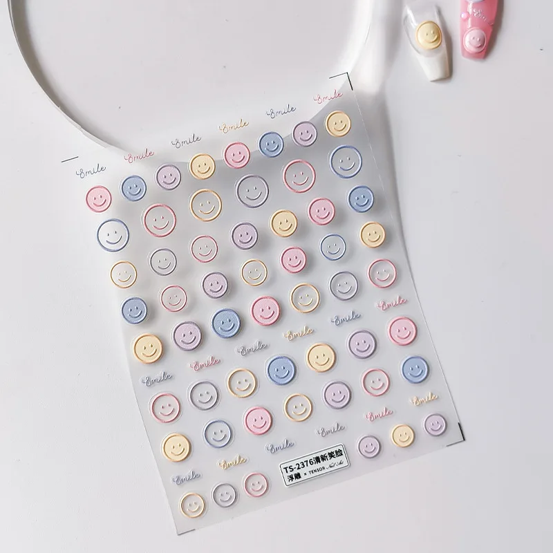 1PCS 5D Kawaii Embossed Exquisite Smiling Face Nail Stickers Japanese Jelly Macaron Nail Art Self-Adhesive DIY Nail Decorations