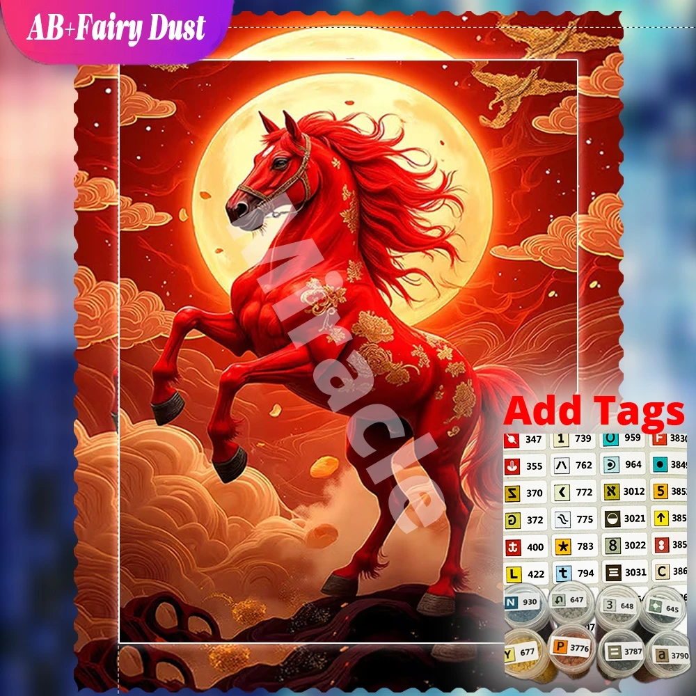 DIY Diamond Mosaic red galloping horse Full Square Round Fantasy Art AB Fairy Dust Animal Embroidery Wall Decor