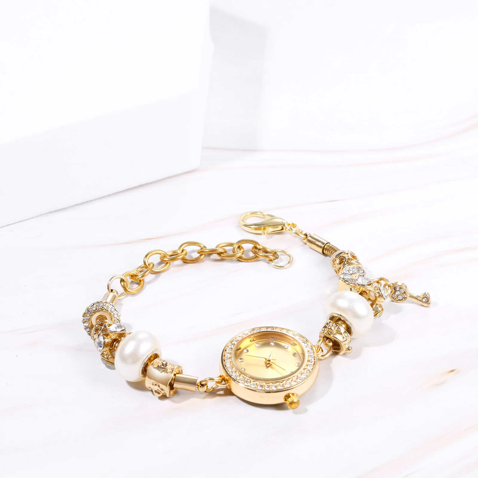 Lancardo-Reloj de pulsera con cuentas para mujer, colgante de llave de diamante brillante, ajustable, joyería exquisita de moda