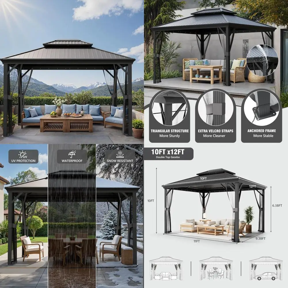 

Aluminum Pergola with Double Polycarbonate Roof, Outdoor Permanent Pavilion, 10x13 Feet, Complete with Netting and Curtains