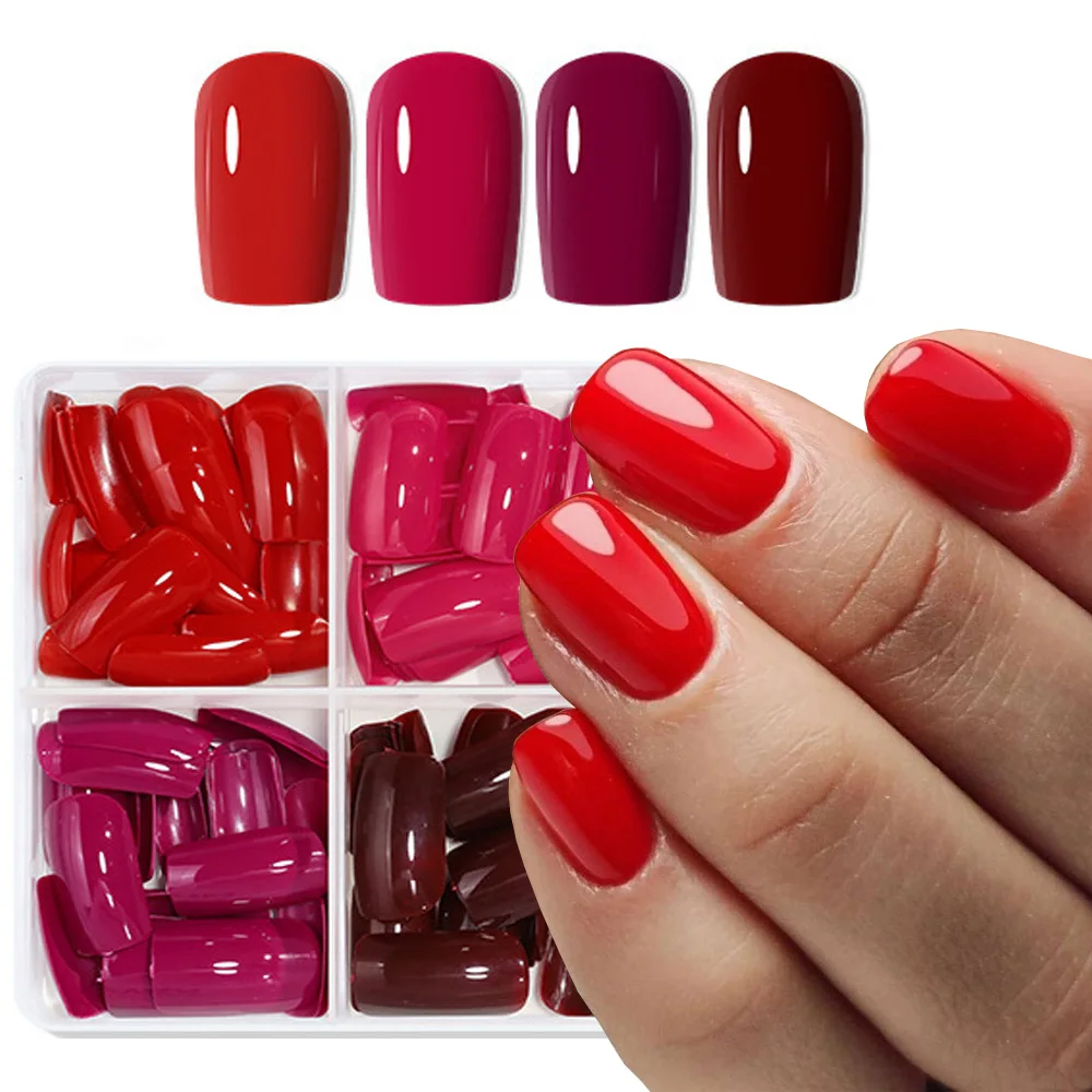 96 pz. Unghie Finte Quadrate Corte Rosse Solide in Gel Lucido, Copertura Completa Viola-Rossa, Punte per Unghie Corte Press-On, Accessori per Estensione Unghie Rosse