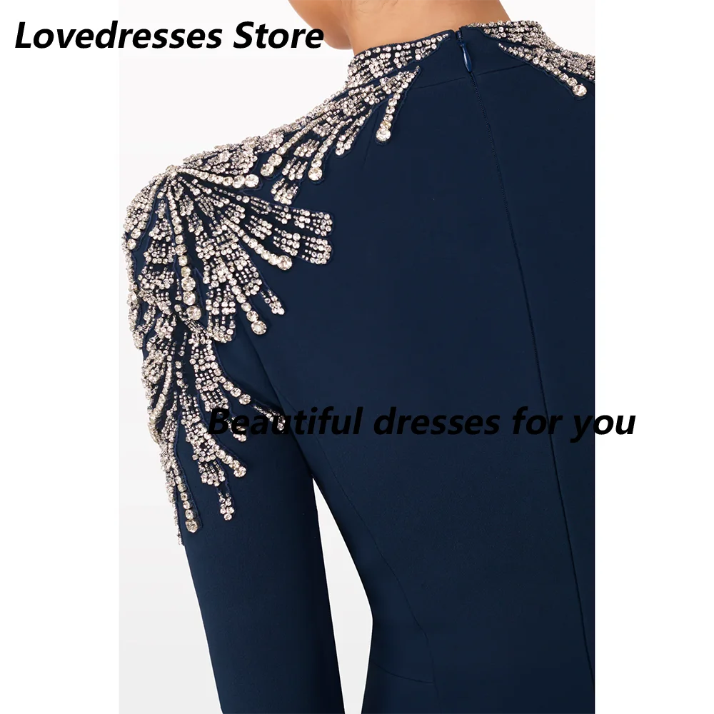 Granatowa Sukienka Wieczorowa Luksusowe Kryształki Długie Rękawy Syreni Krój Suknie Ślubne na Przyjęcia Dekolt O-Neck Trąbka Skromne Sukienki Formalne na Przyjęcia Szyte na Miarę