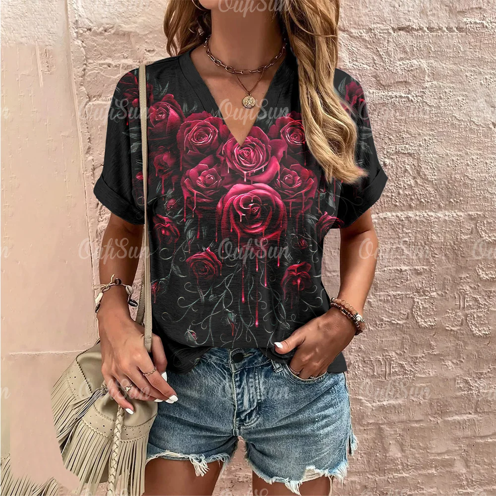 2024 New Women\'s T-Shirts Summer 3D Rose Print Fashion V-neck Short Sleeves Tee For Women Casual Oversized Tops Clothing