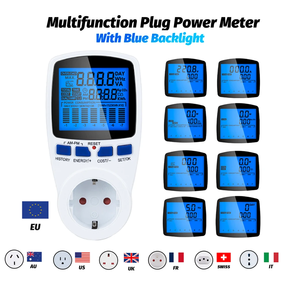 Multifunction AC Power Meter Wattmeter Socket With Backlight Energy Meter Voltage Current Frequency Electricity Monitor Plug