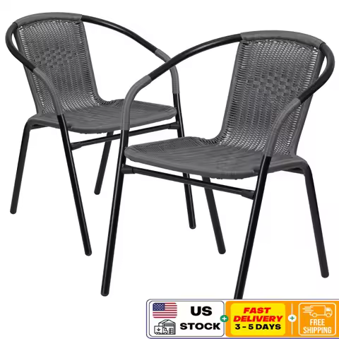 Stackable Rattan Patio Chairs Set of 2 Indoor Outdoor Comfortable Lightweight Weather Resistant Deck Porch Garden Dining