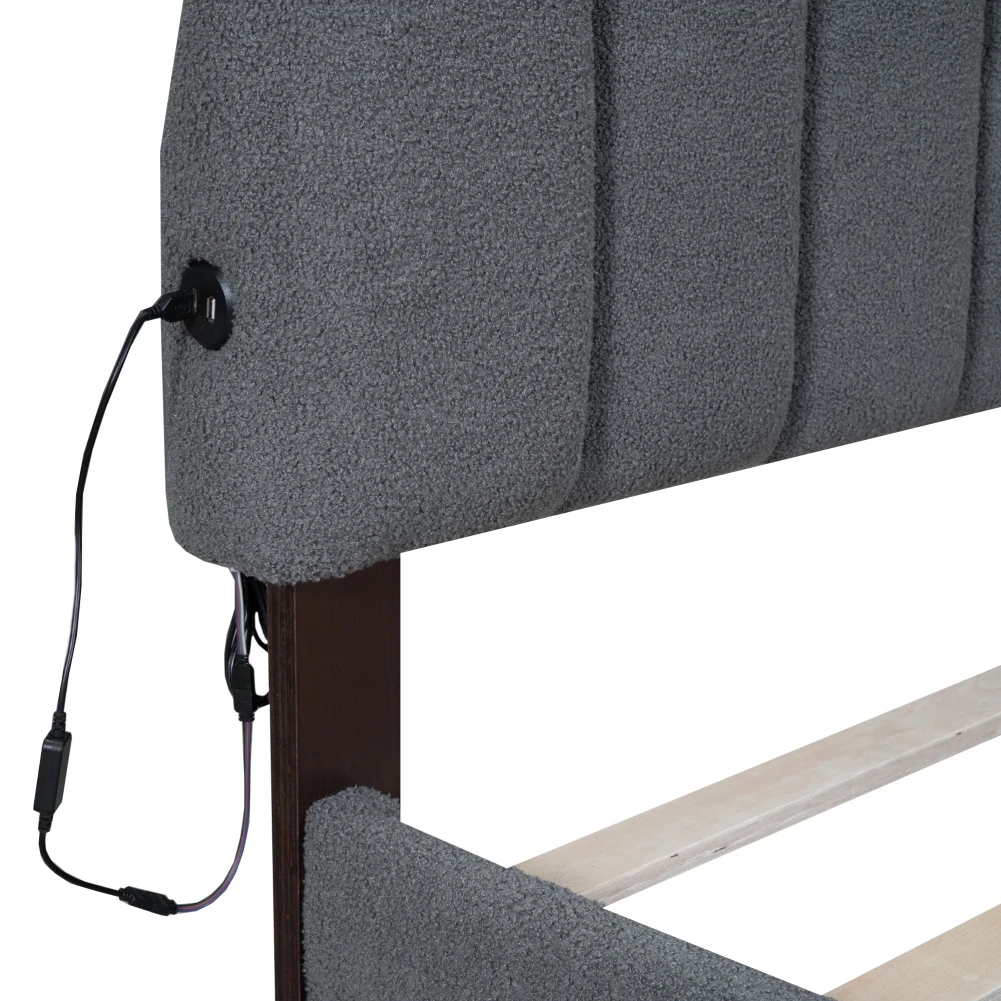 โครงเตียงขนาดควีนไซส์พร้อมลิ้นชักหัวเตียงหุ้มเตียงแพลตฟอร์มพร้อมไฟ LED พอร์ต USB ไม่จำเป็นต้องใช้กล่องสปริง