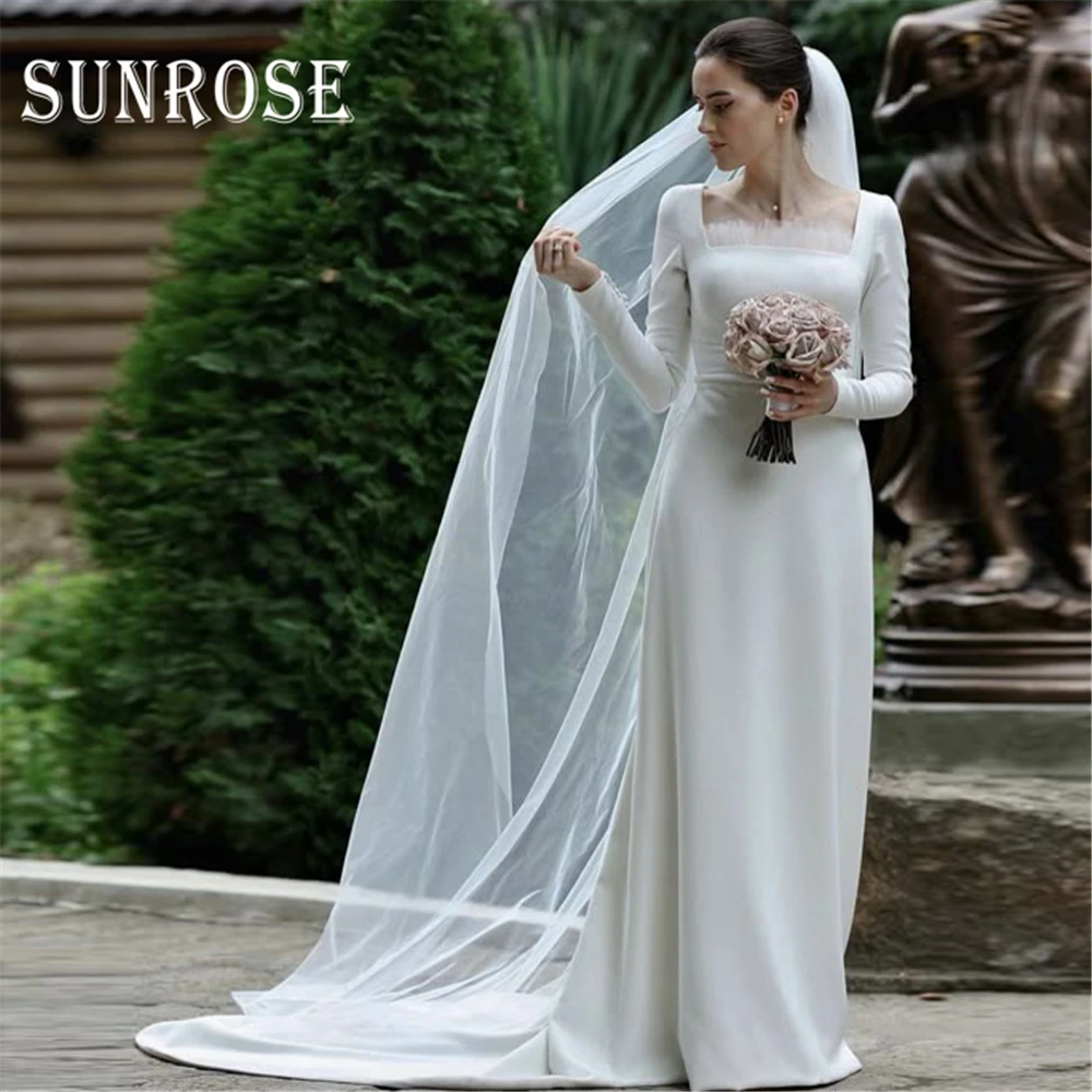 

SUNROSE Civil Wedding Dresses Sheath Long Sleeve Square Neckline Soft Satin Korea Wedding Gowns Elegant Simple Bridal Dress