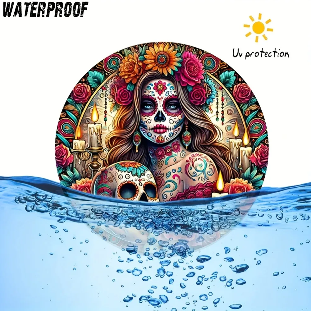 1pc 8-Inch Round Frameless Iron Wall Art - Traditional Mexican Sugar Skeleton Design, Vintage 2D Metal Sign, Ideal for Home/Bar view 6