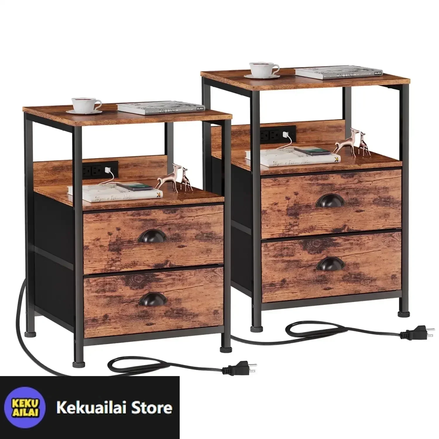 

Set of 2 Nightstands, End Table Charging Station, Bedside Tables with 2 Fabric , Night Stands with USB Ports & Power Outlets