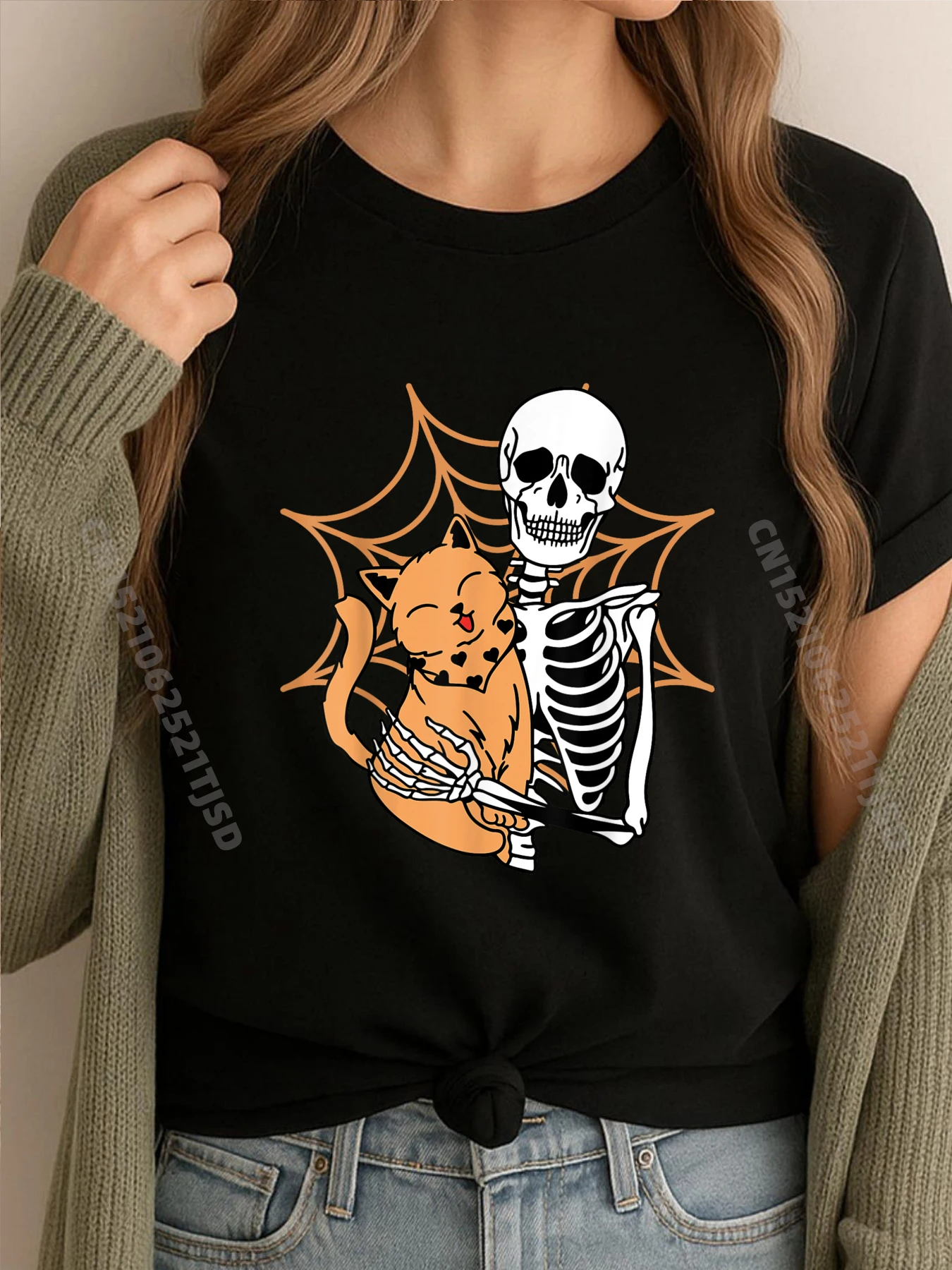 

Skeleton Holding A Cat Lazy Halloween Costume Skull Red And Black Graphic T Shirt Band Tshirts T-shirts for Woman