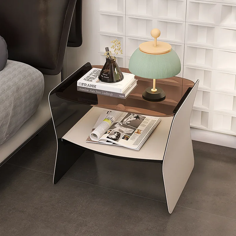 //Italian Modern Bedroom Furniture Stainless Steel Bedside Cabinet Leather Glass For Home Use Wood Panel Style For Living Room