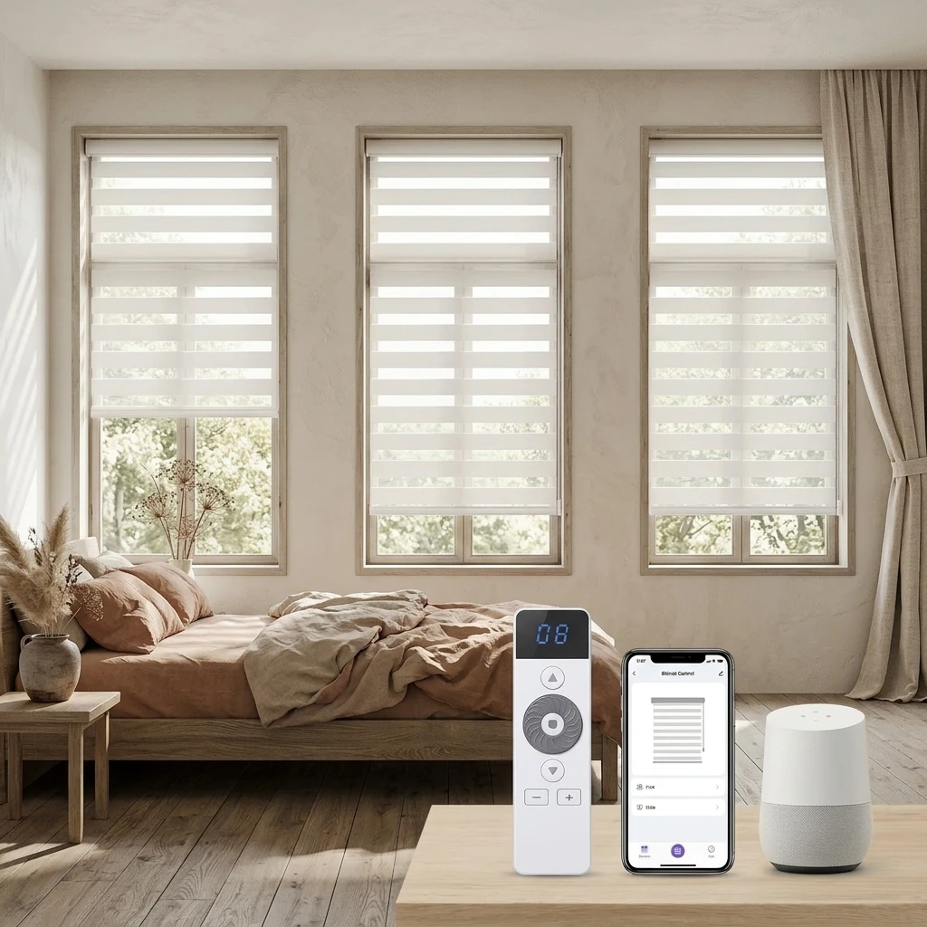 Zebr*a Blinds Built-In Plain Motorized Blackout Dual Layer Day Night Privacy Custom Size Alexa WiFi App Control for Home