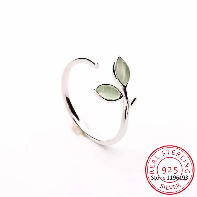 Created Green Opal 925 Sterling Silver Olive Branch Leaves Open Adjustable Ring for Women Statement Gemstone Jewelry