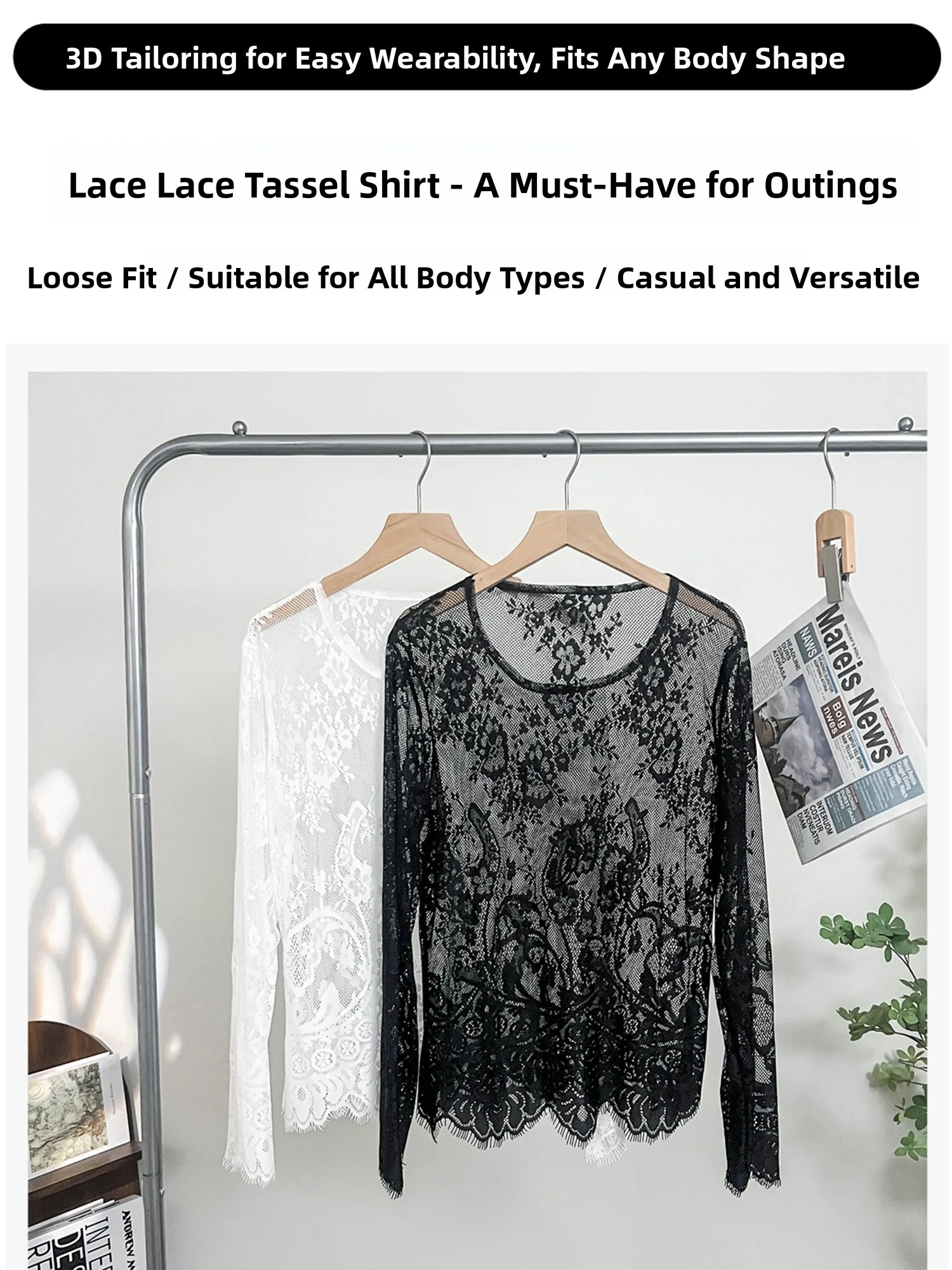 Lace Hollow out Long Sleeve Base Shirt Women Summer New Style See through Mesh Tube Top round Neck Loose Fit Fashionable