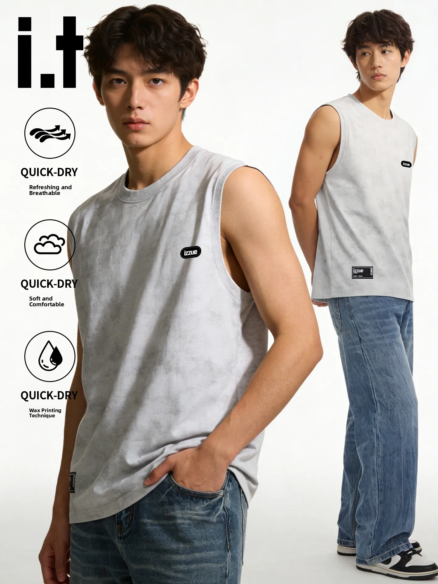 

It Izzue American Retro Vest Men's Sport Fitn Svel T-irt Straight Leg Jeans Summer Two-Piece Set Cotton Blend Fabric