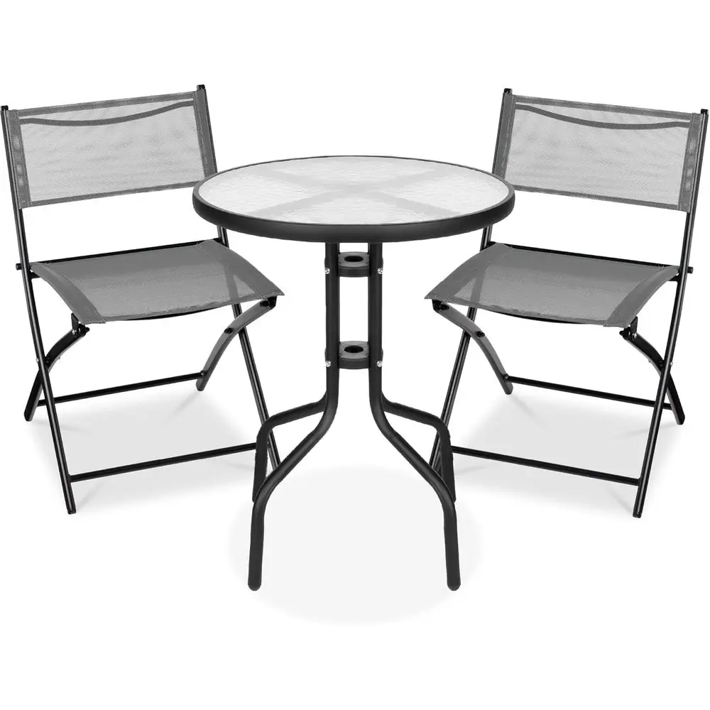Gray 3-Piece Outdoor Bistro Set with Glass Top and Steel Frame