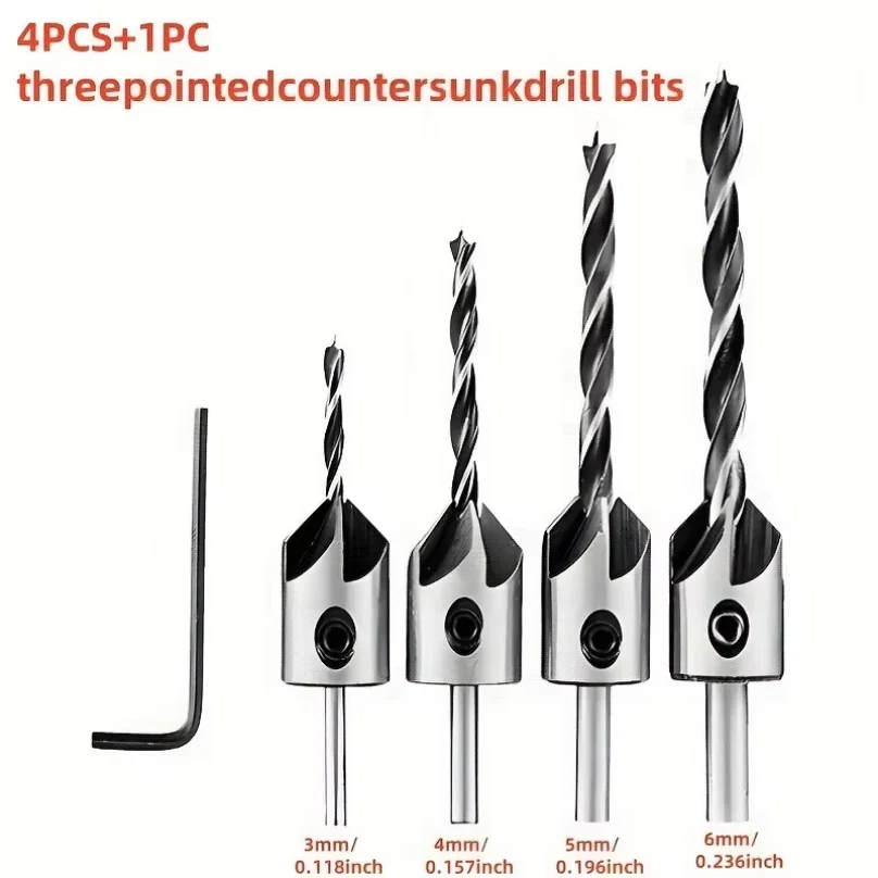 4PC 3-6mm Three-Pointed Woodworking Counterbore Drill Bit Set Reaming Chamfering Screw Hole Opener Tool for Precise Joinery