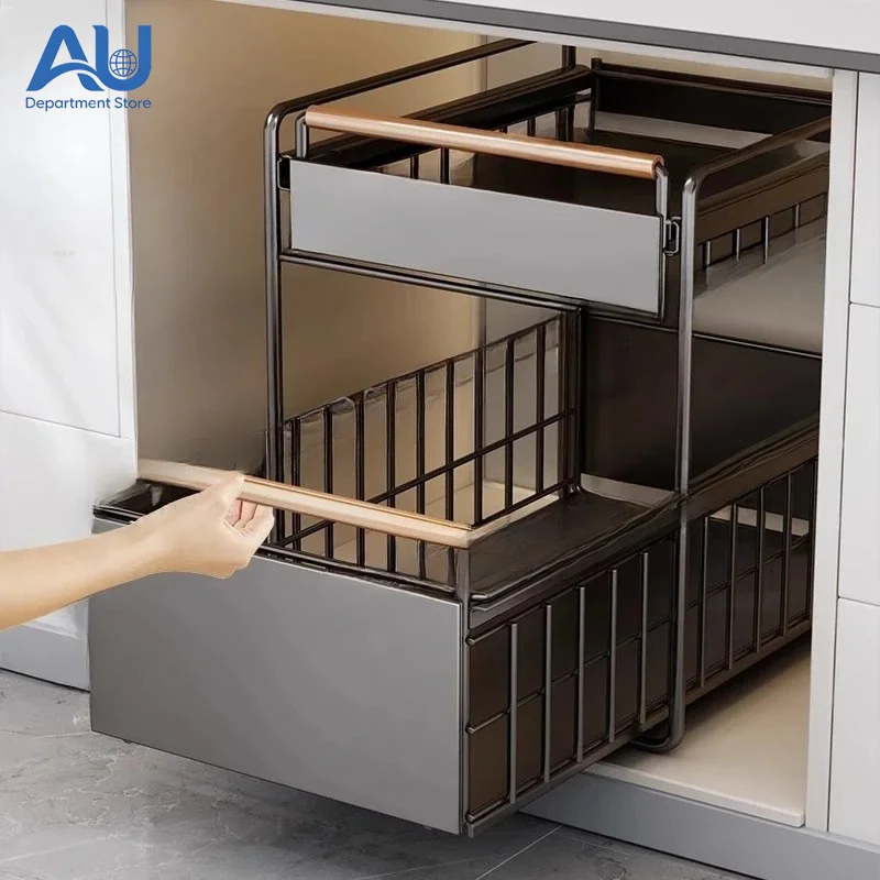 Under Sink Organizer - Pull-out Tiered Shelf for Kitchen Cabinet | Adjustable Storage Rack with Drawers, Spice & Dish Organizer