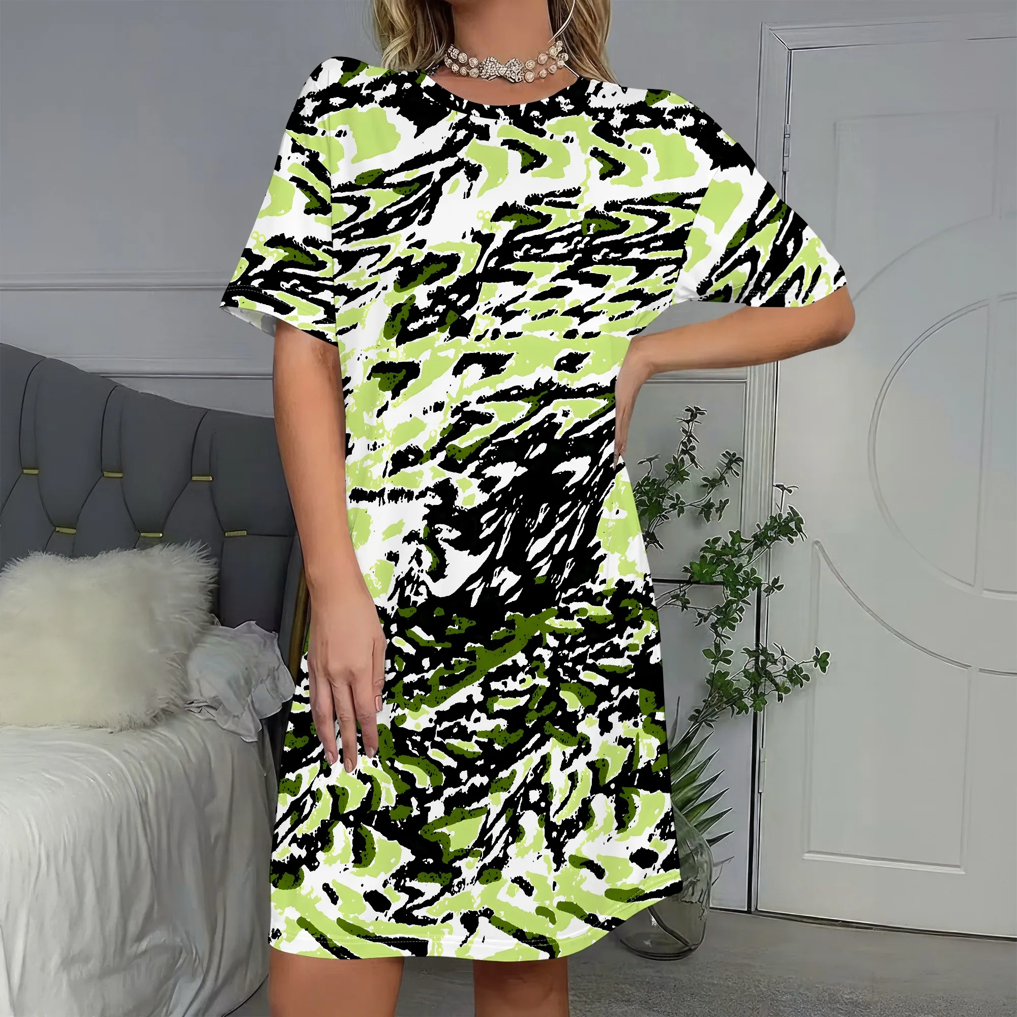 

Green Abstract Print Dress, Camo Pattern Tunic, Loose Fit Casual Wear, Summer Vacation Outfit, S-2XL