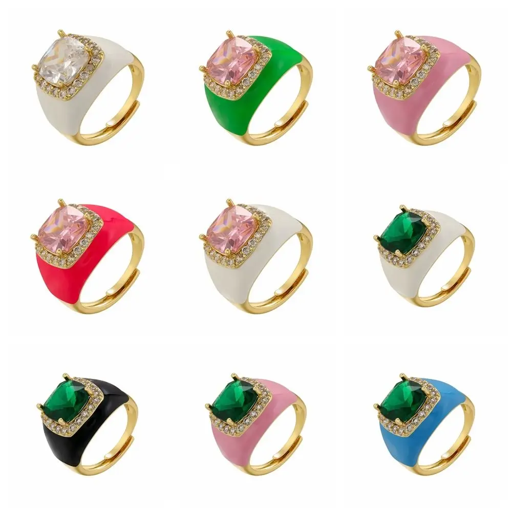 Adjustable Enamel Dripping Oil Ring Gold Plated Rhinestone Zircon Open Ring Punk Style Multicolor Geometric Square Ring Jewelry