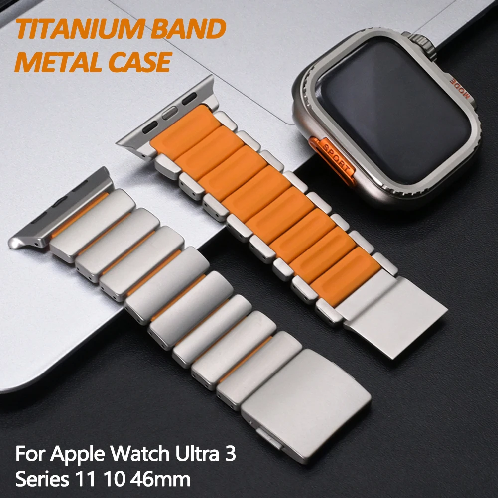 

Men Titanium Band+Metal Case for Apple Watch Ultra 3 49mm Luxury Rubber Strap for iWatch Series 11 10 46mm 9 8 7 6 SE 44mm 45mm
