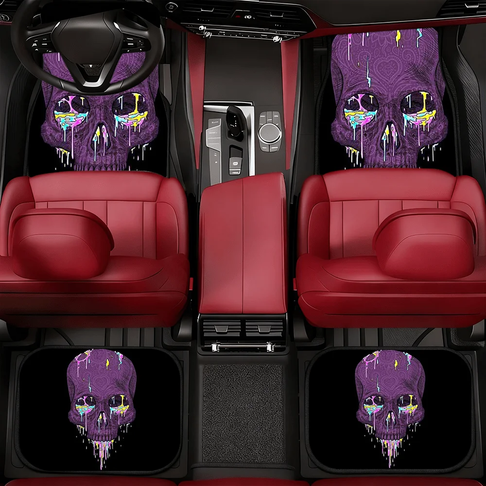4pcs Fit For SUV/Car Floor Liners Compatible For - Heavy-Duty XPE Non-Slip Car Mats With Gothic Skull Print, All-Weather, Vehicl