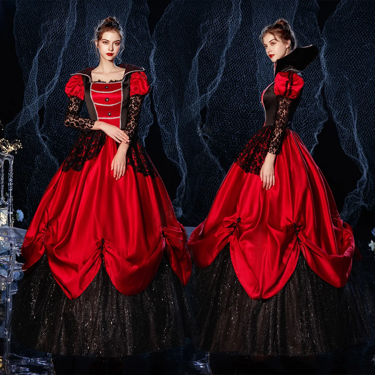 Rosso nero colletto alla coreana Vampire Witch Cosplay Queen Dress Halloween Show Princess Gothic Ball Gown Costume teatrale Carnival