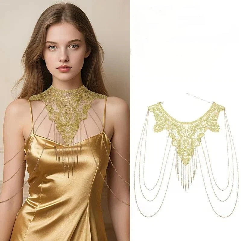 Gold Lace Trim Multi-Layer Fashionable Tassel Necklace For Women Body Chain Jewelry Accessory Elegant Trendy Jewelry