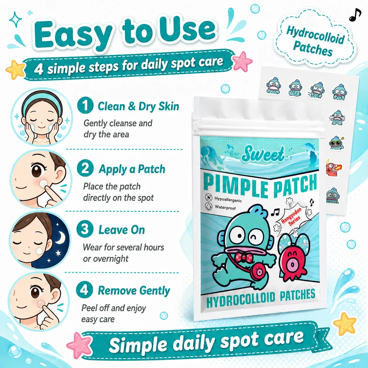 Hangyodon Hydrocolloid Pimple Patches 20pcs, Cute Cartoon Acne Spot Stickers, Character Face Care Patch, Waterproof Invisible Bl
