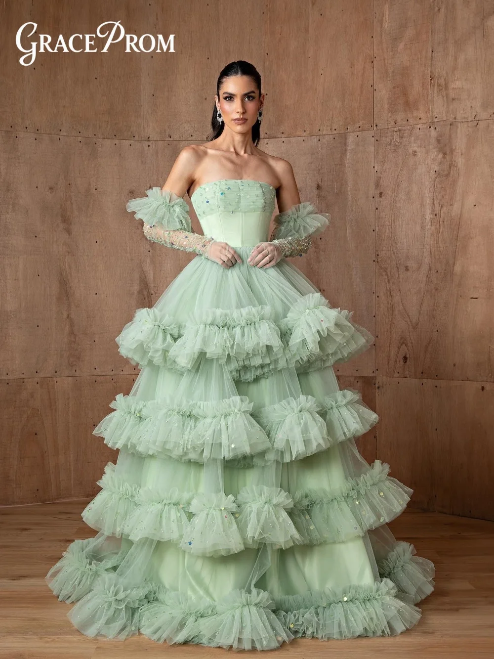 GraceProm Strapless Tulle Evening Dress 2026 Premium Ruffled Red Carpet Gown Chic Ball Gown Floor-Length Party Gown Customized