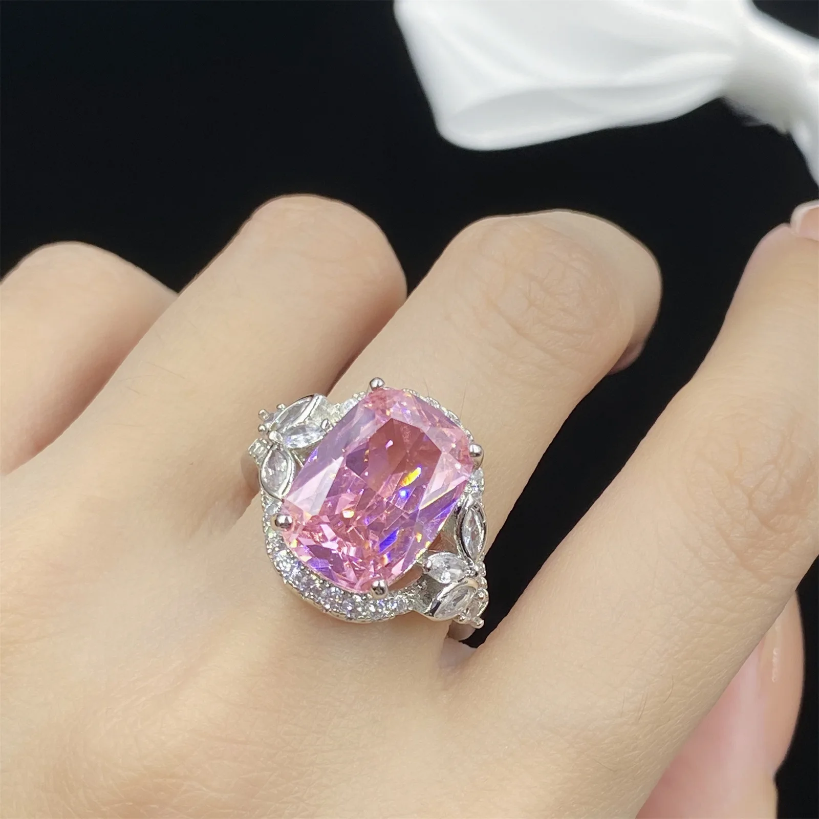 Women's Luxury Pink 925 Silver Zircon Statement Necklace Ring Earring Set