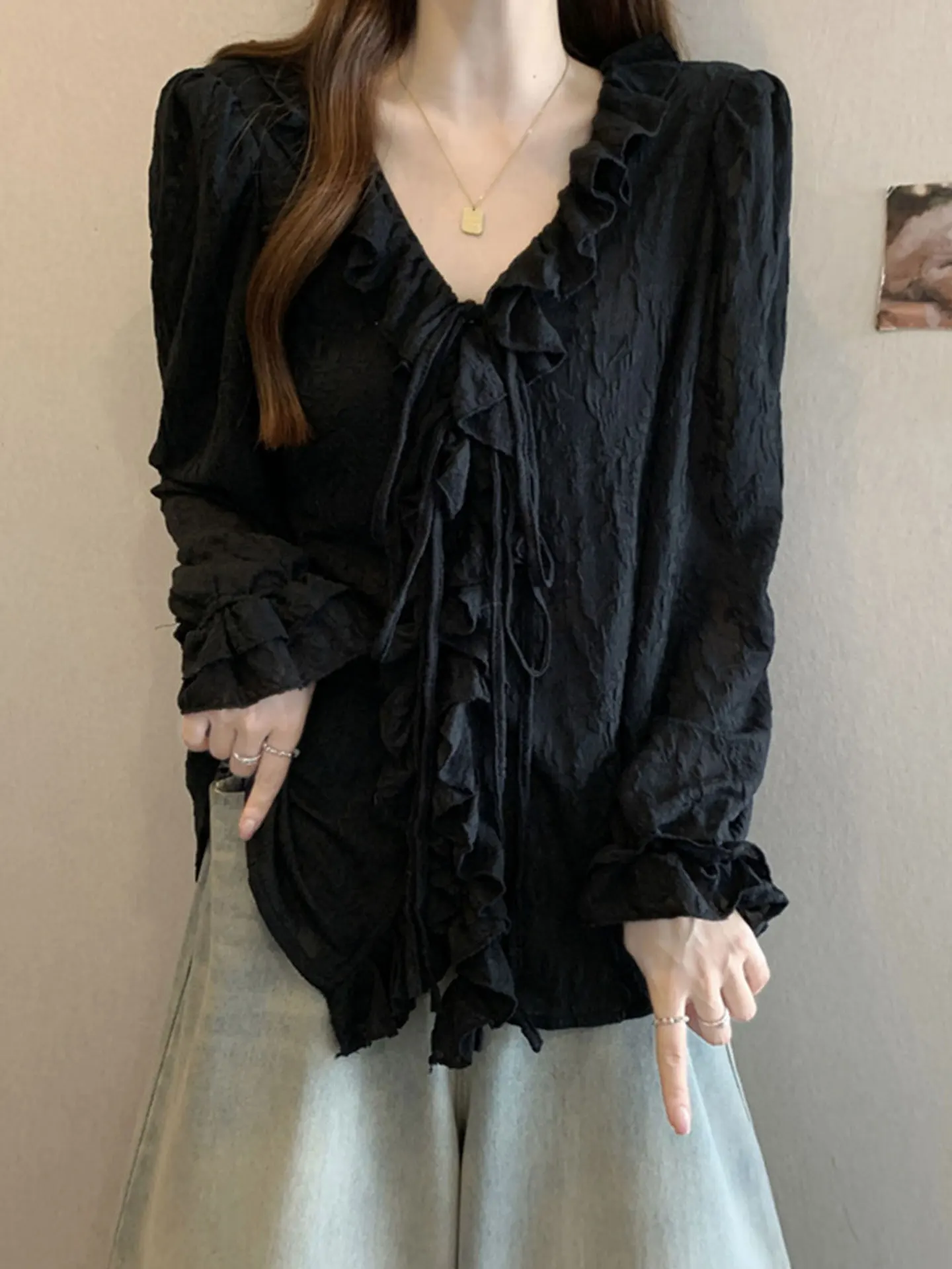 

Ele Bla V-Ne Long Sve Chiffon irt Women's plus Size Slimming Top Casual Sle Loose Fit Autumn Winter Faion