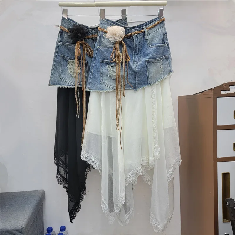 

2026 Summer New Arrival: Patchwork Lace Design Denim Midi Skirt - Women's Versatile Slimming A-line Bodycon Skirt