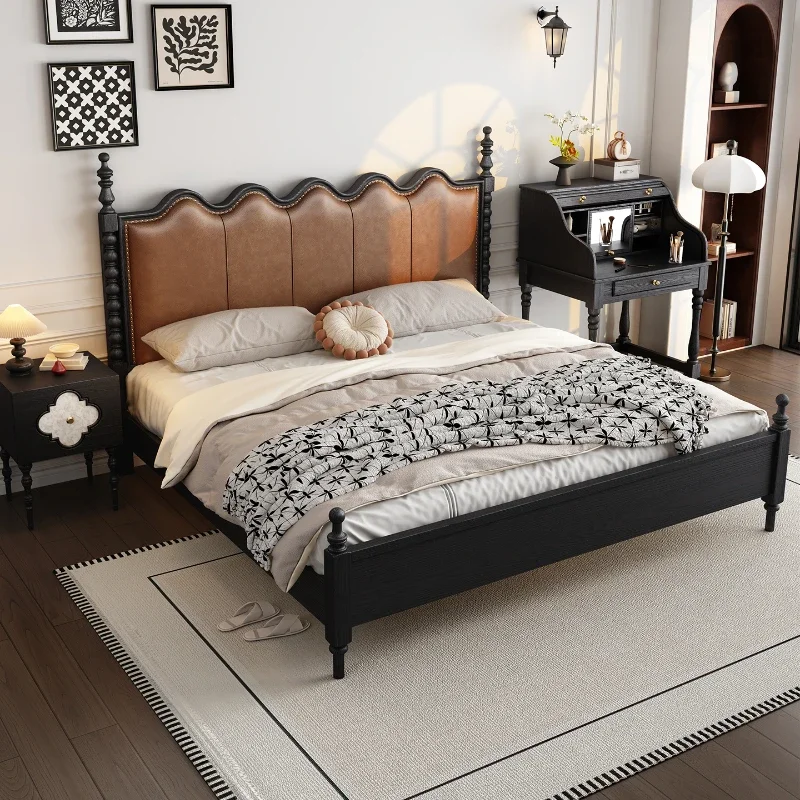 American retro bed antique solid wood bed 1.5 meters leather soft bag bed